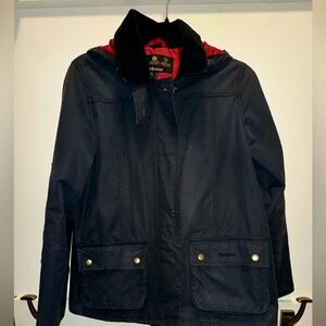 Barbour Navy Women’s Waxed Canvas Jacket w/Red Lining + Hood, Size 4